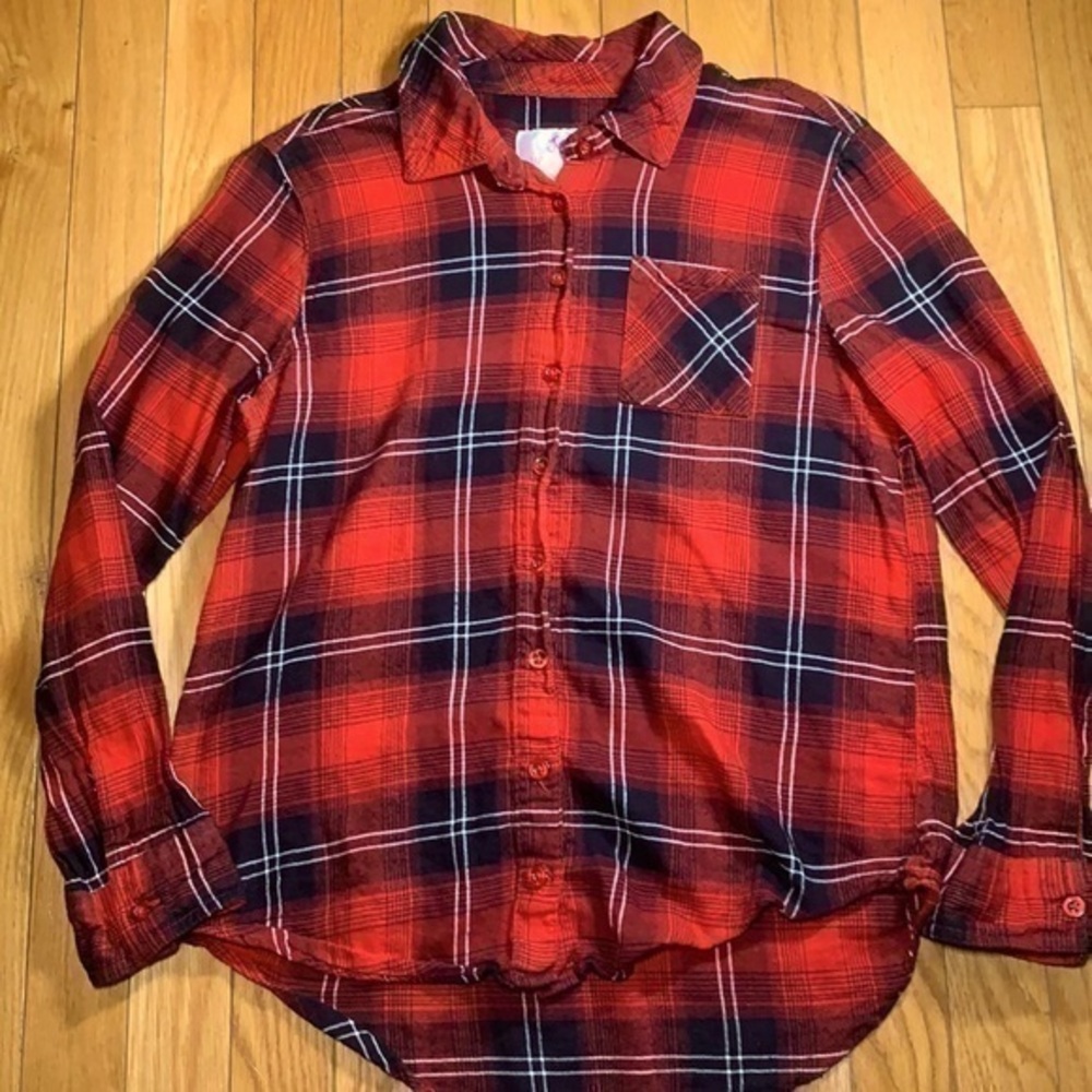 Justice Long Sleeve Button Front Pocket Shirt Girls 14/16 Red Black Plaid Xmas